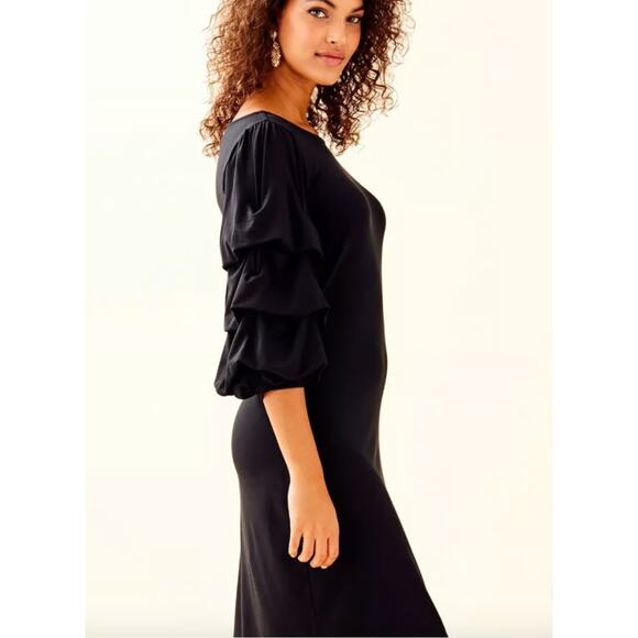 Lilly Pulitzer Leonie Ruffled Tiered Sleeve Dress in Onyx Black Stretch Size XS - Picture 2 of 8